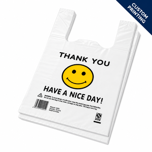 <span class=keywords><strong>Sac</strong></span> gilet en plastique recyclable <span class=keywords><strong>bleu</strong></span> avec impression de précision 'Thank You Have A Nice Day' pour l'emballage de courses, la vente au détail et les plats à emporter, avec poignée de transport - Product Image 1