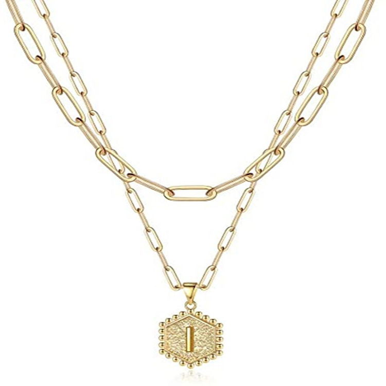 18 Inches Cstom DIY 26 Letter Cute Women Choker 14k Dainty Gold Plated Hexagon Letter Pendant Layered Initial Chain Necklace