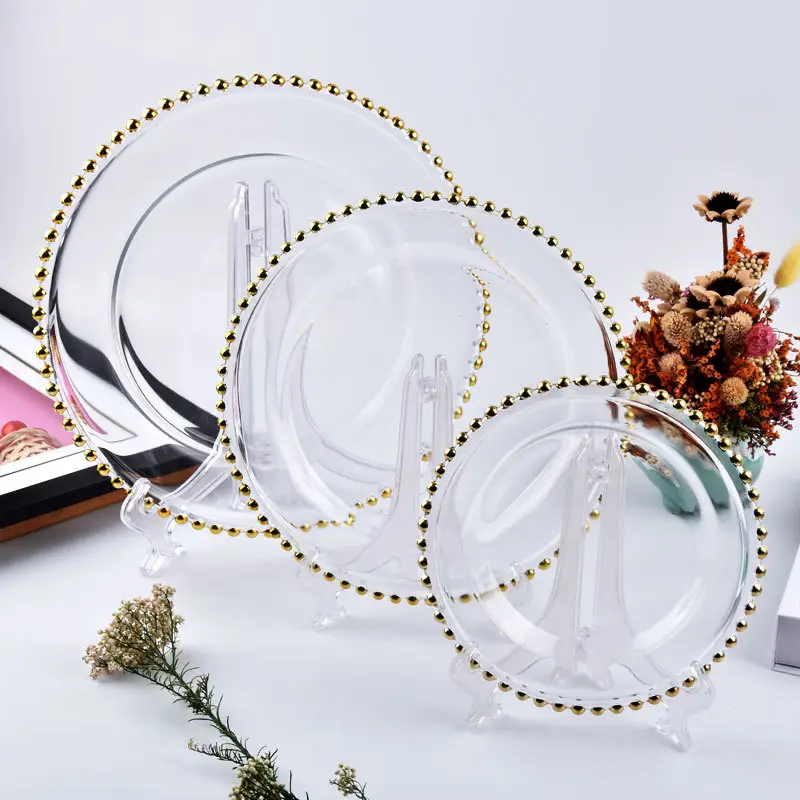 Оптовая продажа, прозрачные стеклянные тарелки с золотыми бусинами, зарядное устройство, посуда, декоративная тарелка, обеденная тарелка с бисером