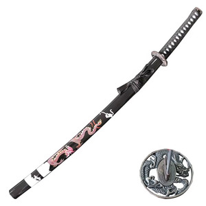 Katana Negra con Estampado de Dragón Dorado Rosa, Espada de Iaido <span class=keywords><strong>Samurai</strong></span> No Afilada con Tsuba Tallada con Dragón - Product Image 1
