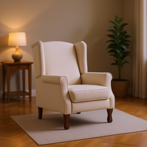 Poltrona Reclinabile con Schienale Alto in Tessuto Poliestere Crema, Struttura in Legno, Funzionamento Manuale, Stile Tradizionale per Soggiorno - Product Image 2