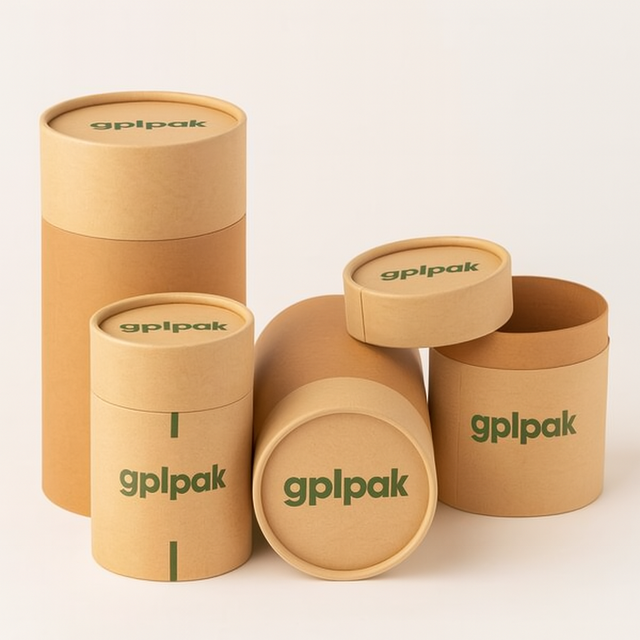 Eco-friendly Brown Kraft Paper Tube Boxes Custom Printed Tea Coffee Bean Cylinder Packaging CMYK Matt Lamination Lid Base Box