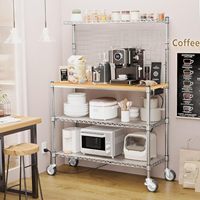 Support de boulangerie avec prise de courant et rangement Étagères de cuisine en fil d'aluminium à mailles décoratives à 4 niveaux Chariot Roues de construction soudées