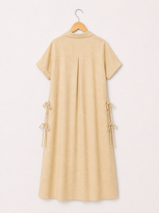 Robe chemise beige pour femme, robe midi décontractée à boutons, manches courtes, nœud sur le côté, tenue de bureau d'été - Product Image 2