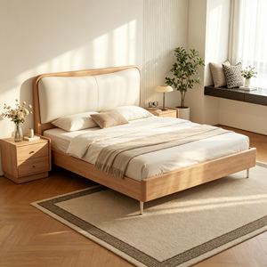 Minimalist Oak Queen Bed <b>Frame</b> with Upholstered Headboard and Plywood Panel Design - Product Image 2