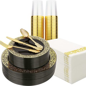 Juego de Vajilla Dorada para Fiestas: Platos, Servilletas, Vasos con Borde Dorado y Plateado, Juego de Vajilla, Copas de Vino, Cubiertos, Platos Calados - Product Image 2