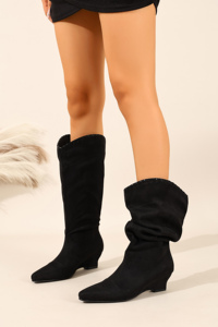 <span class=keywords><strong>Stivali</strong></span> da donna western con tacco a zeppa a punta, bordo con cuciture a festone, gambale arricciato, in morbida finta pelle scamosciata e rete, a metà polpaccio, per l'inverno e l'uso quotidiano - Product Image 4