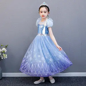 Gaun Kostum Cosplay Anak Perempuan, Gaun Pesta Putri Ratu Elsa, Payet Lucu