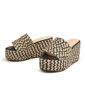 Sandales compensées à bout ouvert, plateforme en paille, à enfiler, rehaussantes, style printemps - Product Image 3