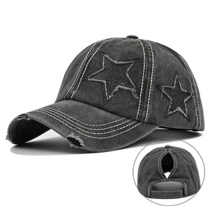 New Style Distressed Plain Design Ponytail Baseball Cap Featuring a Glittery Five Pointed Star and Washed Vintage Finish <b>Hat</b> - Product Image 2