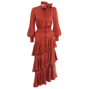 Robe mi-longue en Satin de soie pour femme, tenue décontractée, col haut, grand nœud, feuille de Lotus, inclinable, longue