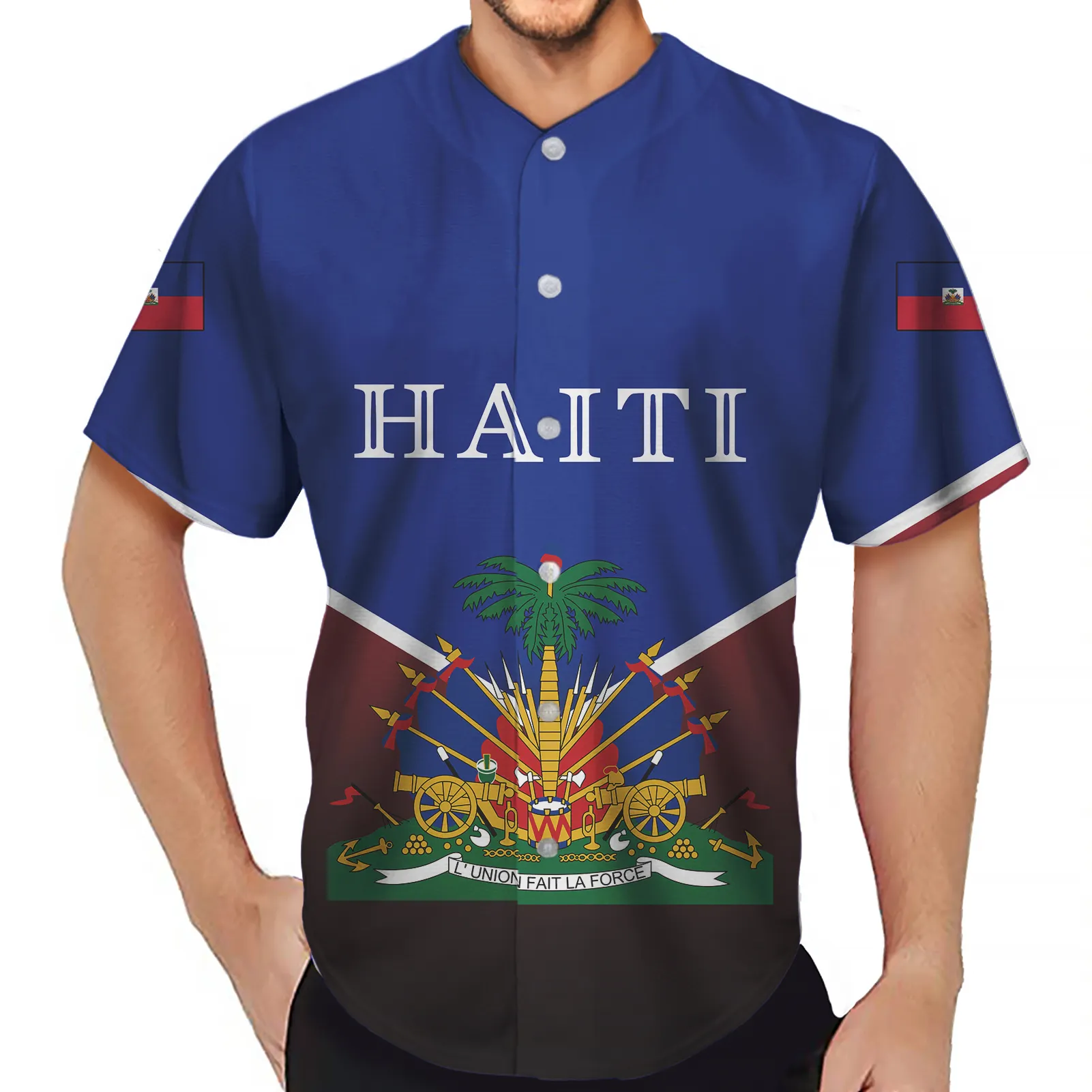 Camisa de manga corta con estampado de la bandera de Haiti para hombre, camisa masculina de moda, Estilo Vintage, de campo cubano, de color azul, con botones, para la playa