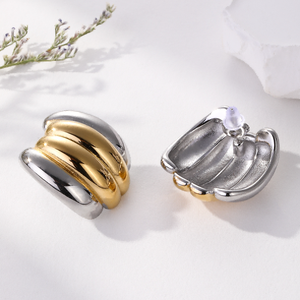 Boutique Trendy Two Tone Hoop 18K Chunky Gold Pendientes Silver Gold Shade Triple Band Huggie Large Chunky Two Tone Pendientes - Product Image 5