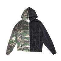 Sweat à capuche zippé tendance, personnalisé, imprimé camouflage moitié camouflage moitié gothique, monogramme, bords effilochés, style grunge Y2K, streetwear usé