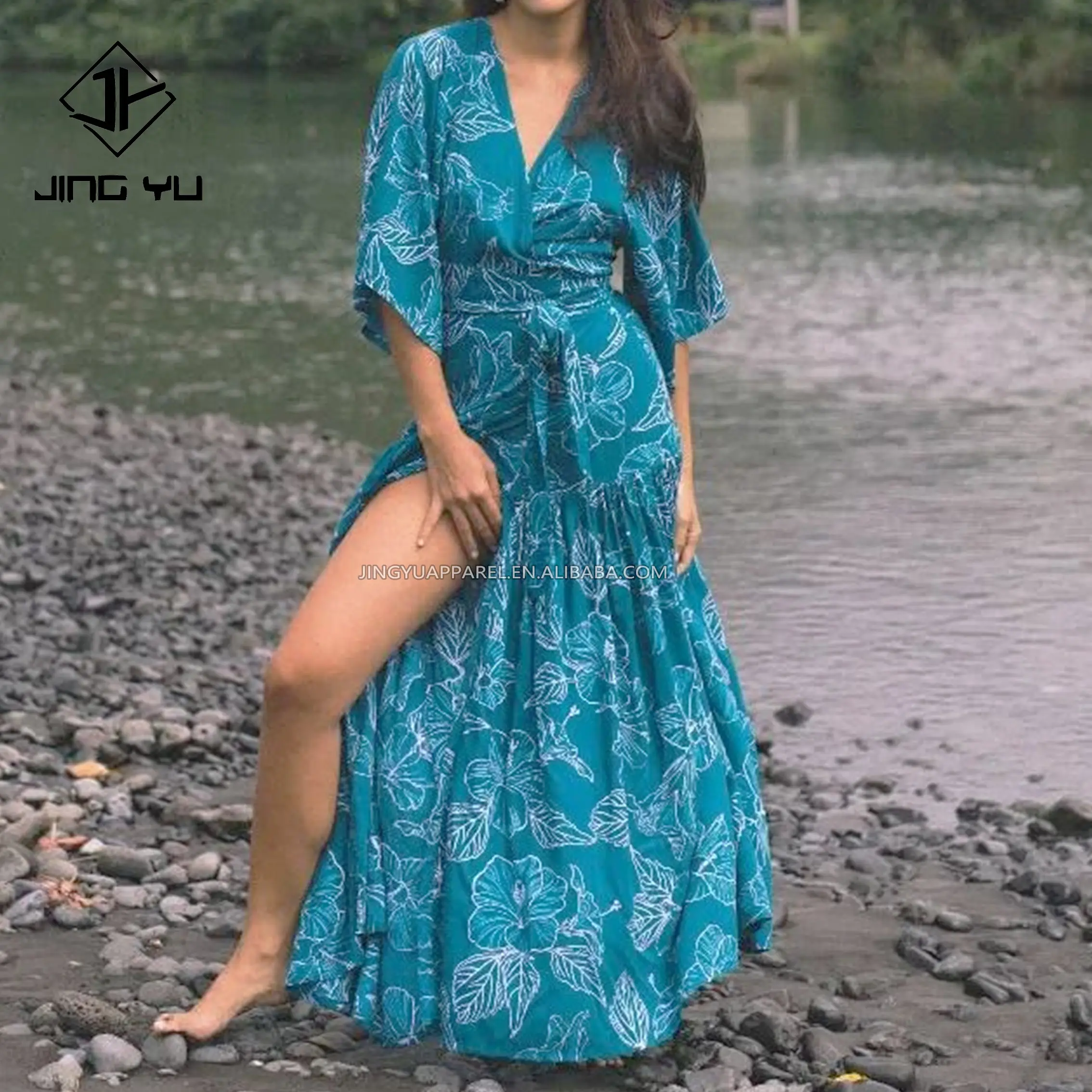 بالجملة 2024 ملابس بوهو الصيف أزياء المرأة ظريف زهور قصيرة البوهيمي بوهو رايون فستان هاواي