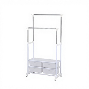 Porte-vêtements réglable à double niveau en acier inoxydable avec tiroir de rangement, séchoir mobile en fer et plastique, élégant, pratique, blanc, pour la maison - Product Image 1