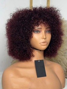 Perruque Courte Bob <span class=keywords><strong>Afro</strong></span> Frisée Bouclée en Cheveux Humains Effet Naturel avec Frange, Densité 250% 300%, Faite à la Machine, Prête à Porter Sans Colle pour Femmes - Product Image 2