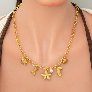 Collar con Colgante de Estrella de Mar, Acero Inoxidable, Chapado en Oro de 18K, con Perla, Joyería Casual de Moda para Mujer - Product Image 2