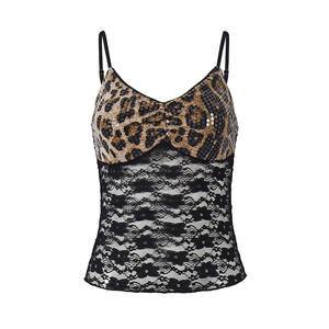 Viviblook Z0130TP Nouveau haut sexy sans manches pour femme, en dentelle, orné de perles, imprimé léopard, avec sequins et patchwork, à lacets - Product Image 5