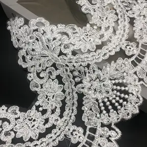 LS027 Manufacturer Wholesale White Car Bone Sequin Embroidery Lace Trim For Wedding Veil Curtain Lace Polyester Fabric