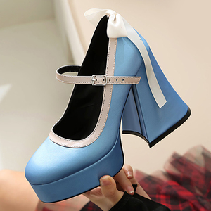 Zapatos de tacón grueso con plataforma y lazo trasero para mujer, estilo Mary Jane con correa de hebilla y punta redonda - Product Image 2