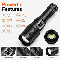 Lampe torche tactique rechargeable LED 30W XHP70, étanche IP44, faisceau réglable spot/diffuseur 1500m, zoom, affichage numérique, 5 modes