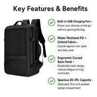 Sac à dos décontracté multifonctionnel en tissu Oxford 44L grande capacité, durable, étanche, avec fermeture éclair extensible et port USB pour ordinateur portable – Vente en gros