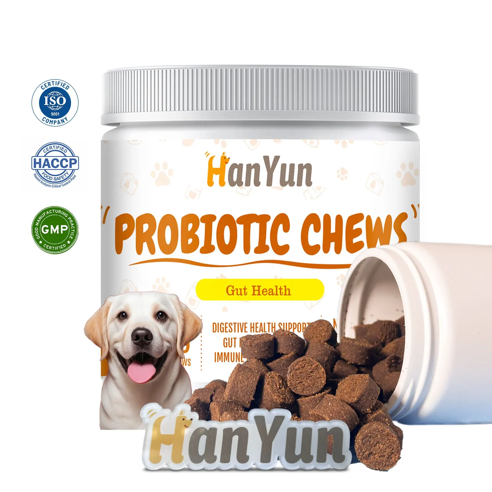 Оптовая Продажа с завода Hanyun, для кошек и собак, пробиотики, мягкие жевательные добавки, сухой корм для домашних животных, питание, закуска для домашних животных, помогающая переваривать домашних животных