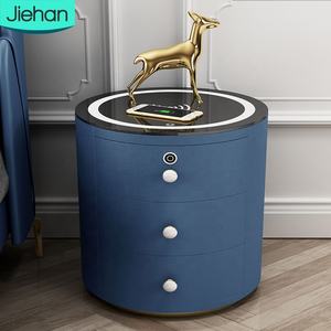 Mesita de noche redonda inteligente con luz led, mueble de dormitorio con carga inalámbrica, de cuero, nuevo diseño - Product Image 1