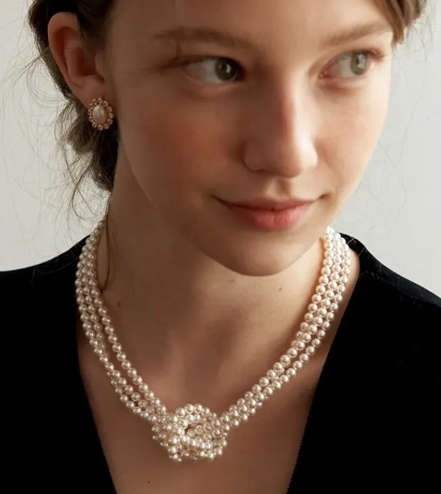 Atelier Studio original design vintage style elegant muilti layer knot glass pearl collarbone chain short necklace bridal jewel
