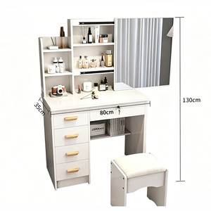 Coiffeuse en bois avec miroir LED, grand rangement et étagères latérales, ensemble table de maquillage avec tabouret pour l'organisation des cosmétiques dans la chambre - Product Image 6