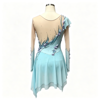 Robe de patinage et de danse dégradé bleu clair pour enfants et adultes, en maille transparente à manches longues, avec dos orné de fleurs et de paillettes, pour spectacle de patinage artistique