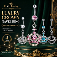 En stock al por mayor Joyería para piercing corporal de acero con circonitas pavé, barra para ombligo con motivo de corazón calado y colgante de corona real