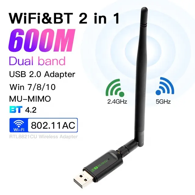 Adaptador BT WIFI USB dual band rtl8821cu 2 trong một Combo không dây bluetooth 4.2 USB dongle với ăng-ten bên ngoài