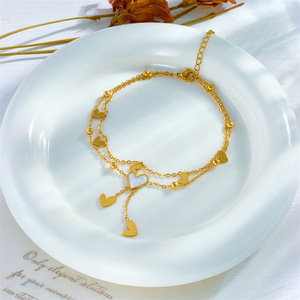 Tobillera de doble cadena con múltiples corazones, chapada en oro, de acero de titanio, con dijes de borla de concha, informal, que no se deslustra - Product Image 3