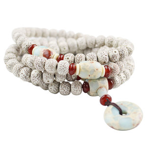 Bracelet de prière bouddhiste 108 perles en graines de Bodhi de Hainan, bijou de cérémonie religieuse unisexe, forme baril, blanc moucheté - Product Image 2