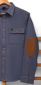 Camisa de Trabajo Formal para Hombre, Chaqueta de Mezclilla Azul con Bolsillos en el Pecho, Parches en los Codos, Cuello Alto, Corte Regular, para Invierno - Product Image 3