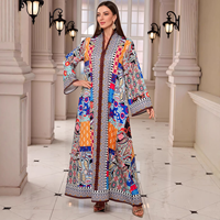 Abaya ample à manches longues en polyester respirant, col en V, avec strass et imprimé patchwork ethnique, robe musulmane