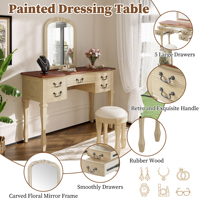 Coiffeuse vintage 46 pouces avec miroir à cadre floral incurvé, table de maquillage élégante avec 5 tiroirs et tabouret en cuir