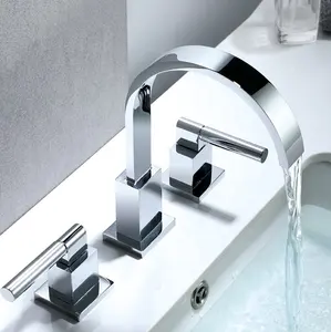 Cromo Giratório Bico 2 Handle Generalizado Torneira Do Banheiro 3 Furo De Latão Quadrado Em Forma De Cachoeira Vanity Sink Faucet