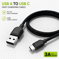 Câble de charge rapide USB-A vers USB-C 2m 5V 3A avec conducteur en cuivre étamé, nylon noir, pour ordinateur, iPhone, batterie externe