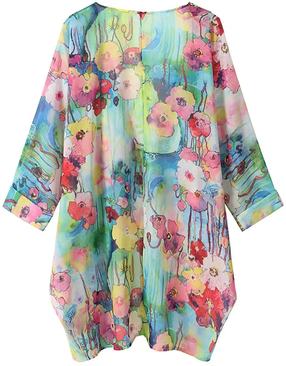 Kadın yaz şal Kimono Bohemian çiçek baskılı plaj Cover Up bluz Bikini Beachwear bluzlar ve gömlekler Kimono hırka Tops