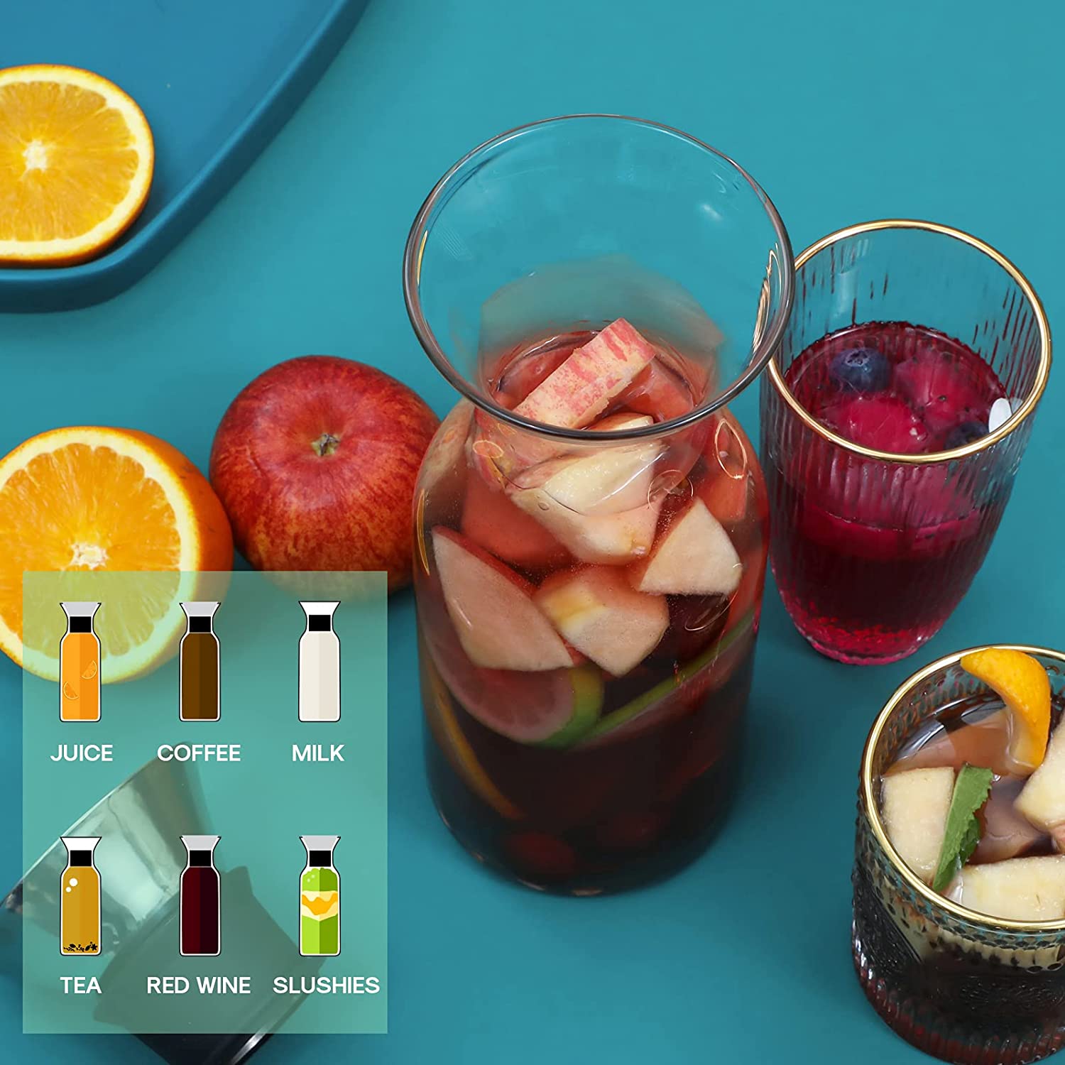 35 Oz Glass Carafe with Stainless Steel Silicone Flip-top Lid Glass Water Pitcher Fridge Ice Tea Maker