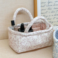 Panier de rangement à motif floral rose et bleu avec poignée, mini panier organisateur de maquillage, panier de rangement portable pliable pour articles divers