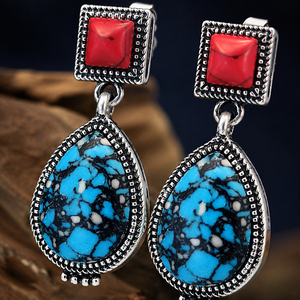 Orecchini pendenti vintage con fiore rosso blu verde, gioielli di moda in stile etnico da donna - Product Image 4