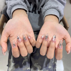 Uñas postizas populares al por mayor de China, uñas postizas negras francesas de media cubierta con diamantes, uñas postizas hechas a mano - Product Image 2