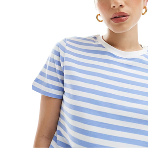 T-Shirt Casual girocollo in cotone poliestere Custom Guangzhou Jwin magliette <span class=keywords><strong>a</strong></span> maniche corte da <span class=keywords><strong>donna</strong></span> <span class=keywords><strong>a</strong></span> <span class=keywords><strong>righe</strong></span> blu <span class=keywords><strong>e</strong></span> bianche - Product Image 4