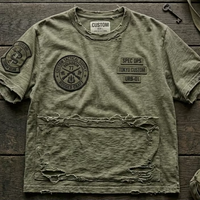 T-shirt Homme Personnalisé avec Logo, Style Vieilli, Coton Épais, Patchs et Trous Déchirés, Manches Courtes, Haut Streetwear