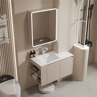 Kabinet Kamar Mandi Modern Warna Krem dengan Wastafel Keramik Terintegrasi, Cermin Pintar, Terpasang di Dinding, Sudut Melengkung, Garansi 5 Tahun untuk Rumah