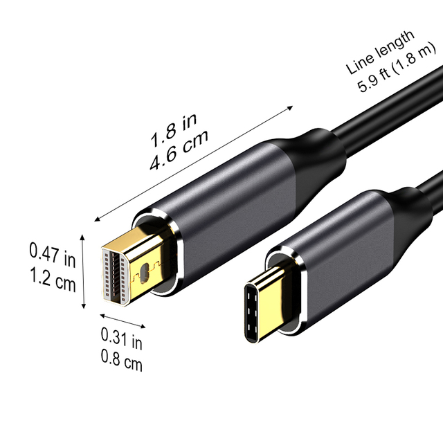 1.8m USB C to Mini Displayport Adapter Cable Durable Alloy 4K 60Hz Video PVC Jacket for HDTV & Monitor